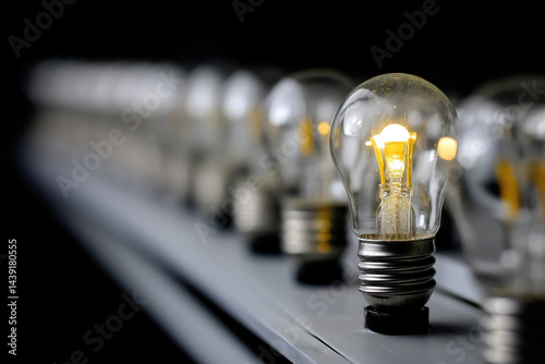 Group of light bulbs in rows, all of which are unlit except for one bulb which is glowing