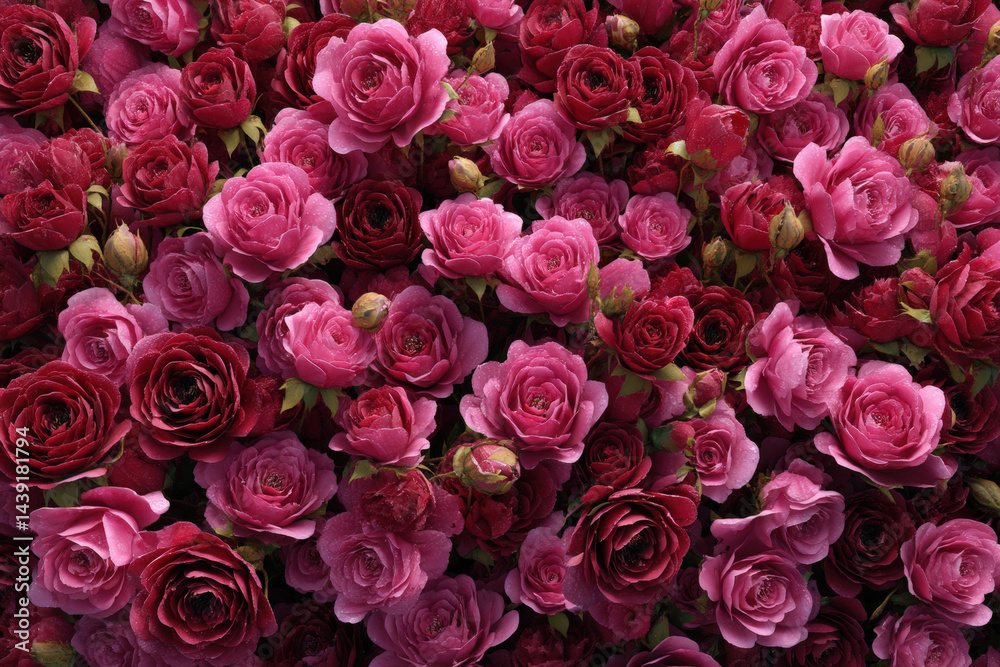 Fototapeta premium Crimson and Pink Roses: A vibrant tapestry of densely packed, blooming crimson and pink roses, their delicate petals and rich hues creating a visual symphony of natural beauty and romantic charm.
