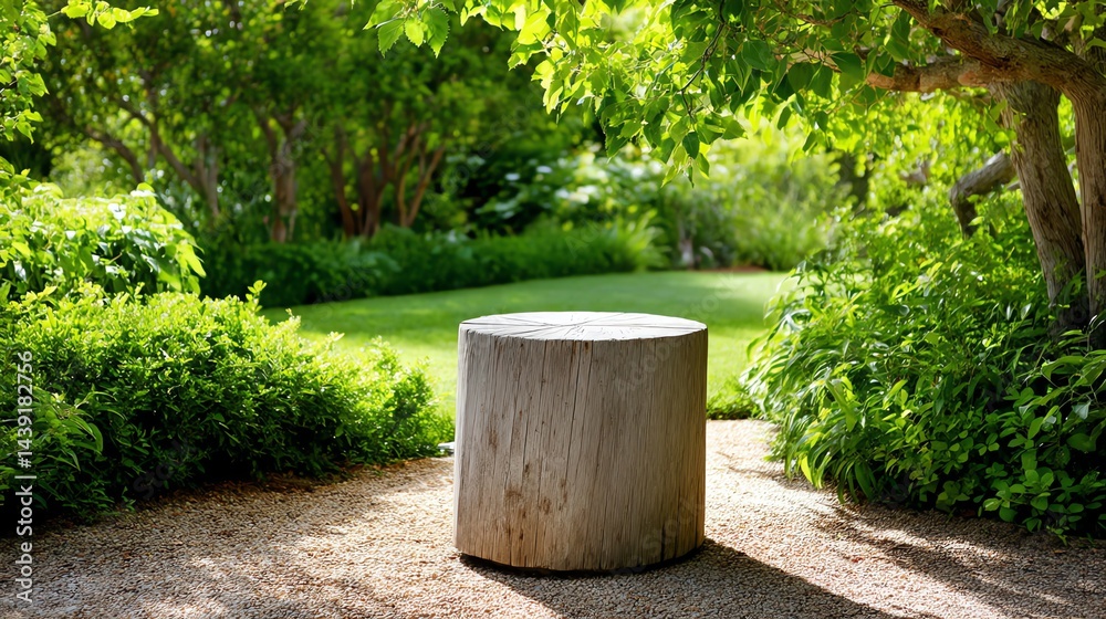 Naklejka premium Rustic Wood Stump Seat in Lush Green Garden Landscape Setting