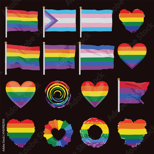 Collection of Pride Flags and Rainbow Heart Icons.
