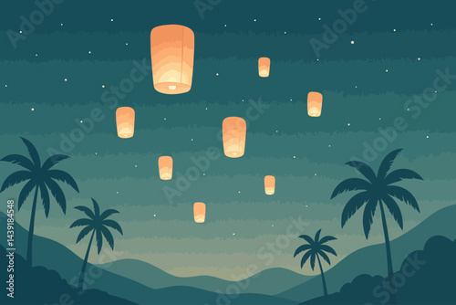 Minimalist Vector of Sky Lanterns Floating Over Tropical Landscape at Waisak