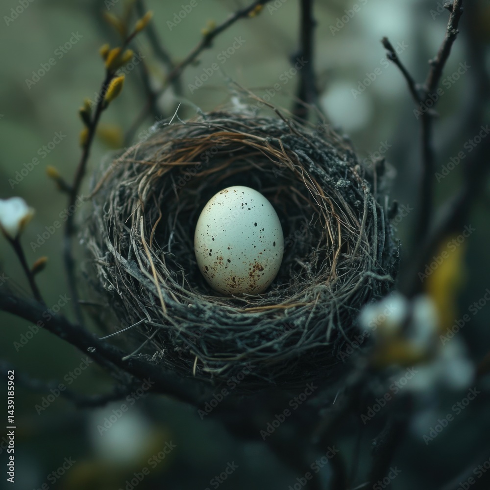 Single Speckled Egg Nestled in a Rustic Bird Nest Among Branches Single Speckled Egg Nestled in a Rustic Bird Nest Among Branches