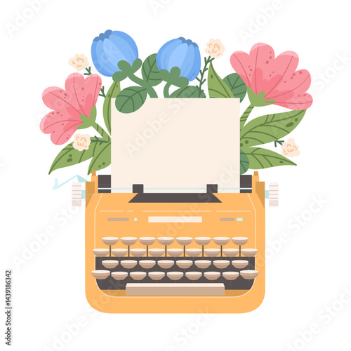 Retro typewriter with paper sheet and bouquet of flowers. Classic vintage equipment for paperwork in the office and at home. Hugge antique writing machine