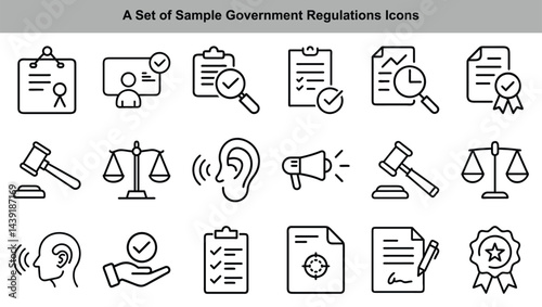 Government Regulations Line Icons Justice, Compliance, Documents, Checks, Hearing, Law