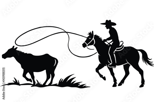 Silhouette of Cowboy Roping Calf While Riding Horse, American West Rodeo, Black and White Stock Illustration.
