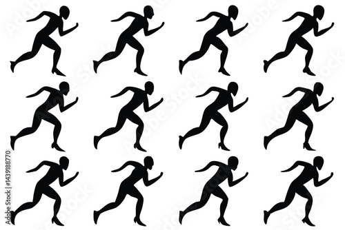 Seamless pattern of black runner silhouettes, depicting fitness, competition, speed, and athleticism in a minimalist style.