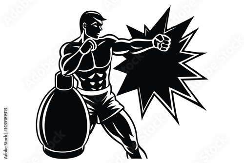 Silhouette of Boxer Punching a Punching Bag with Impact, Vector Illustration, Black and White Design.