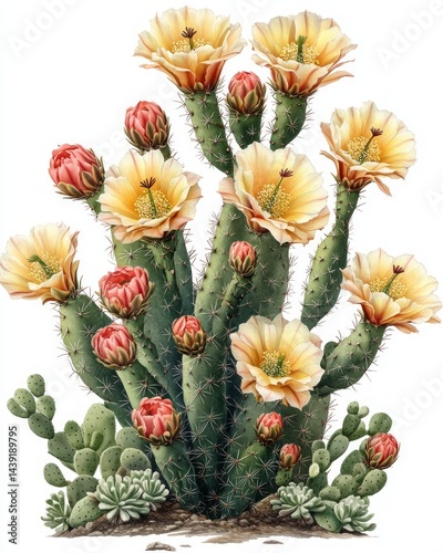 Eerie cactus illustration, red yellow blooms.