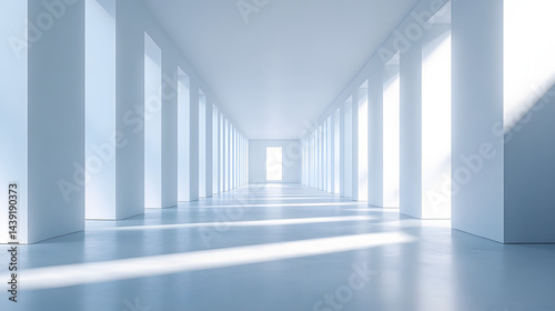 Architectural minimalism serene hallway with bright columns modern interior peaceful atmosphere