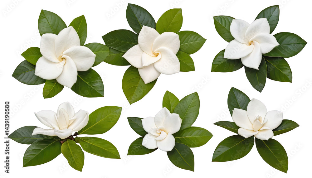 Fototapeta premium Collection of beautiful white gardenia flowers with lush green leaves on a white background.