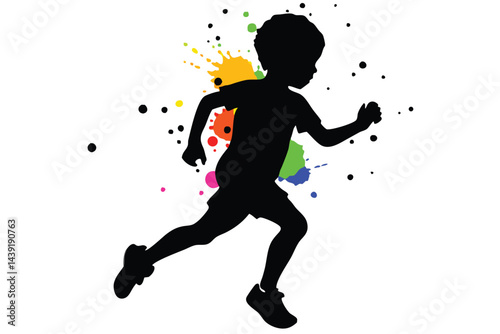 Running Boy Silhouette with Vibrant Colorful Paint Splashes, Artistic Child Activity Vector Illustration for Creative Designs. photo