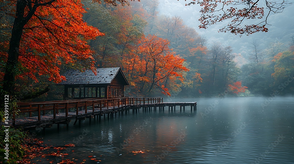 Fototapeta premium Autumn Lake with Pier and Fog in Forest
