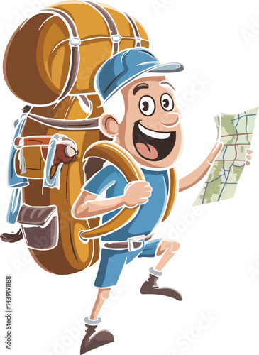 Happy Cartoon Hiker with Backpack and Map.