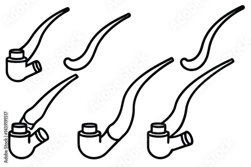 Illustration of Six Simple Tobacco Smoking Pipes with Classic Designs in Black Outline on White.