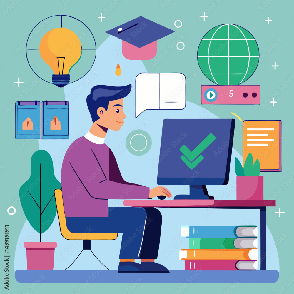 Online Learning. Student Studying at Home on Computer Online Learning. Student Studying at Home on Computer