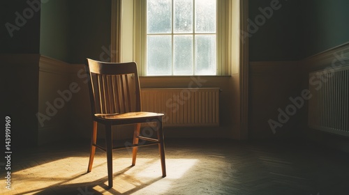 Sunlight illuminates an antique wooden chair in an empty room.