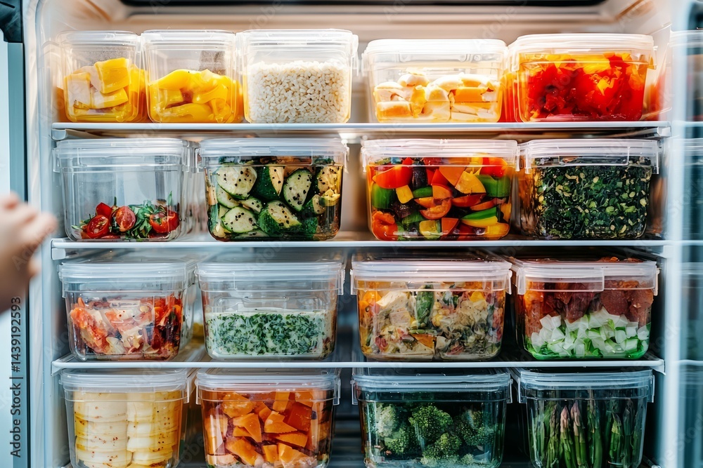 A fridge filled with labeled meals for the week. A person organizes containers by day and meal type. The mood is neat and efficient