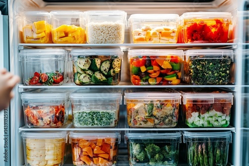 Obraz na płótnie A fridge filled with labeled meals for the week. A person organizes containers by day and meal type. The mood is neat and efficient w salonie