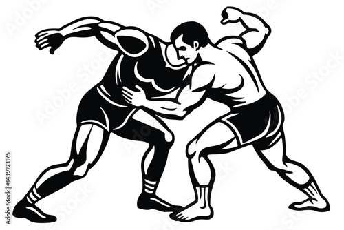 Wrestling Match Illustration of Two Athletes Locked in Grips, Black and White Vector Artwork for Sports and Fitness Concepts.