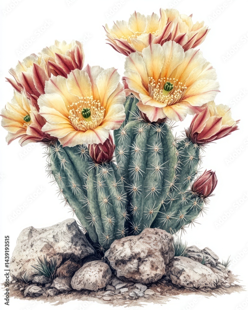 Vintage botanical print: detailed cactus flowers.