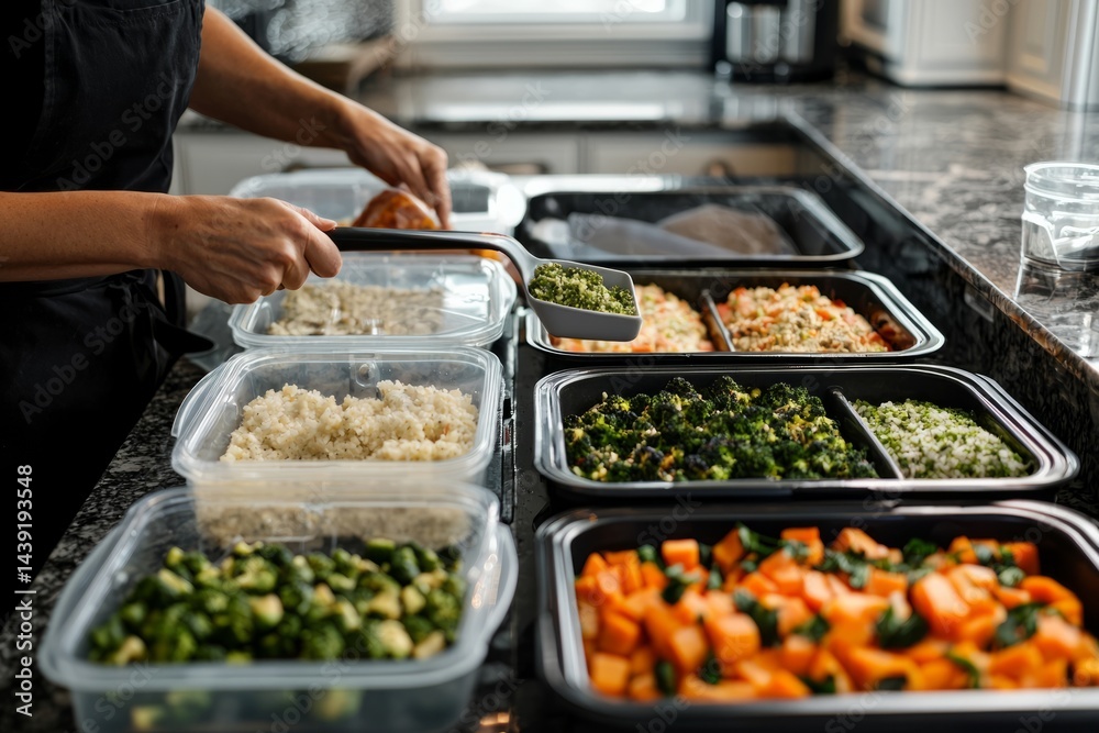 A kitchen with bulk food items and meal prep trays. A person scoops out servings for lunches and dinners. The mood is practical and routine