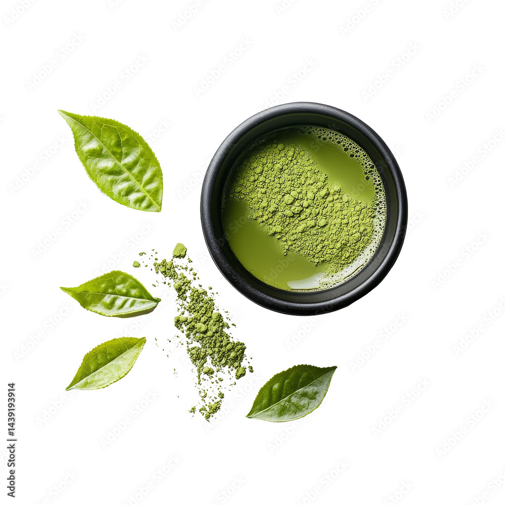 Obraz premium Instant matcha green tea in black bowl with fresh leaves scattered around for a natural and inviting presentation, instant matcha green tea in black bowl and leaf on transparent background