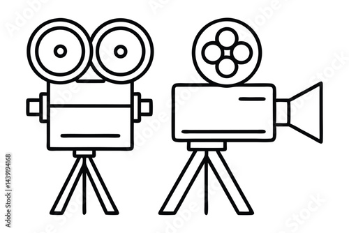 Two vintage movie camera icons, film industry symbols, film equipment, isolated vector outline drawings.