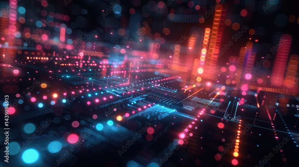 Obraz premium Abstract red and black digital network with glowing nodes and connection. Digital artwork of digital dots connecting together with glowing color.Technology innovation and communication concept. AIG53.