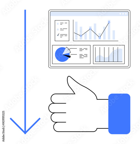 Analytics dashboard with graphs, pie chart, and line chart above hand showing thumbs-up and blue arrow down. Ideal for feedback, data analysis, metrics, performance reviews, decision-making