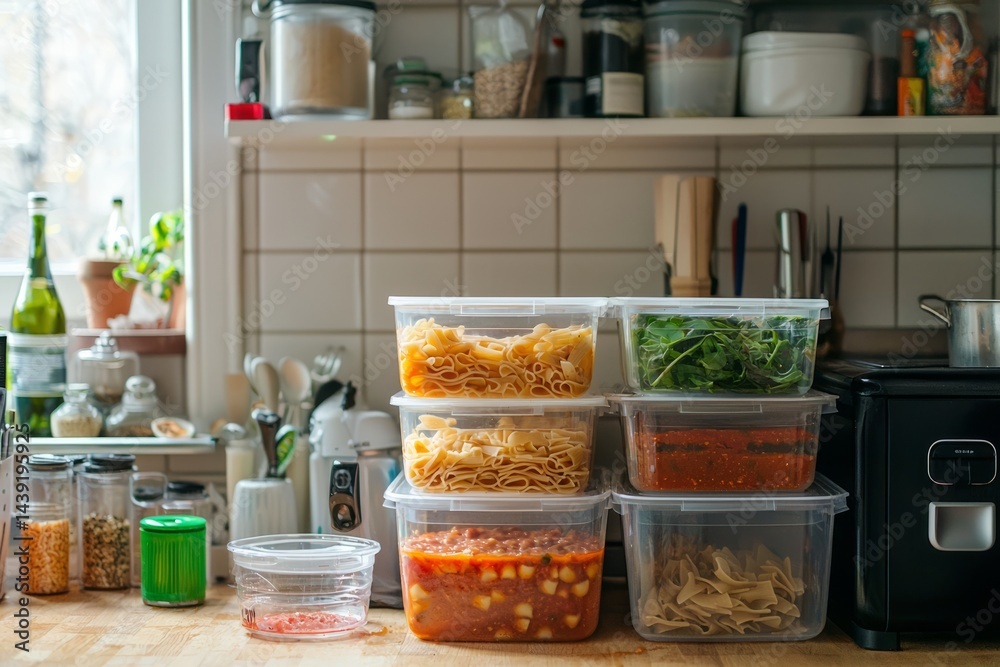 A small apartment kitchen with reusable containers stacked on the table. A couple portions out pasta and sauce for several days. The mood is calm and prepared