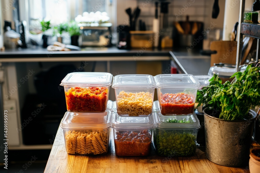 A small apartment kitchen with reusable containers stacked on the table. A couple portions out pasta and sauce for several days. The mood is calm and prepared