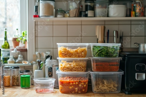 Obraz na płótnie A small apartment kitchen with reusable containers stacked on the table. A couple portions out pasta and sauce for several days. The mood is calm and prepared w salonie