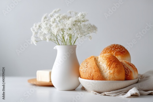 minimalistic table setting for shavuot with traditional dairy foods including cheese and bread set against clean white