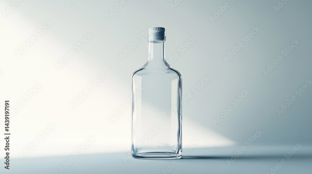 Photorealistic empty glass bottle with a flawless surface, isolated against a white background. Light reflections add realism to the scene Photorealistic empty glass bottle with a flawless surface, isolated against a white background. Light reflections add realism to the scene