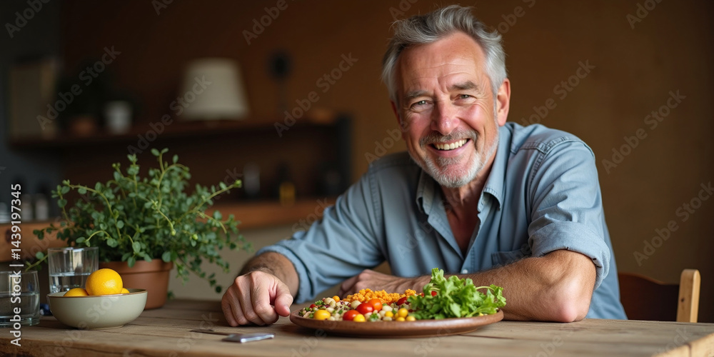 Smiling Senior Man Ready to Eat a Healthy Salad at Wooden Table Smiling Senior Man Ready to Eat a Healthy Salad at Wooden Table