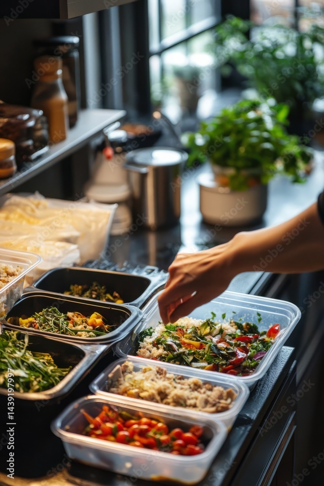 A kitchen scene with leftovers being packed up. A person uses last night’s dinner for future lunches. The mood is smart and careful
