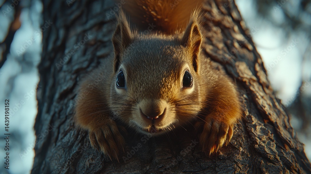 Fototapeta premium Squirrel on tree trunk close-up