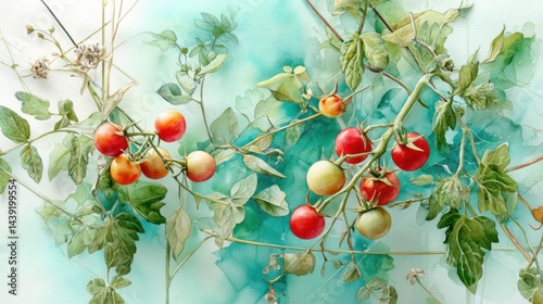 Growing your own vegetables in your own garden. Watercolor Painting of Red and Yellow Tomatoes on a Vine