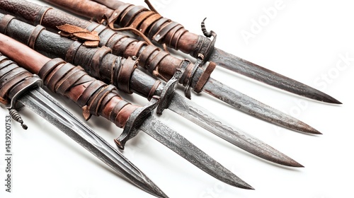 Group of curved medieval sabers with leather scabbards on white background.