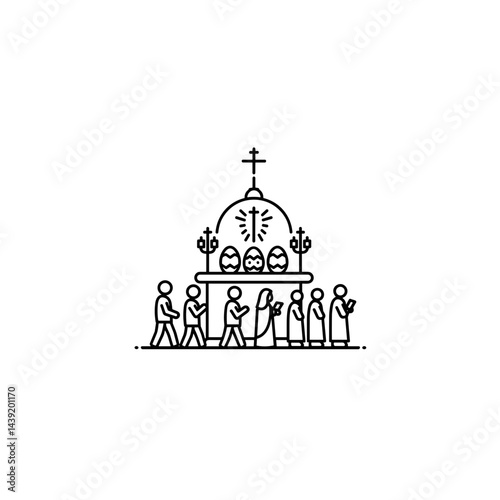 Easter procession with people celebrating against church background  