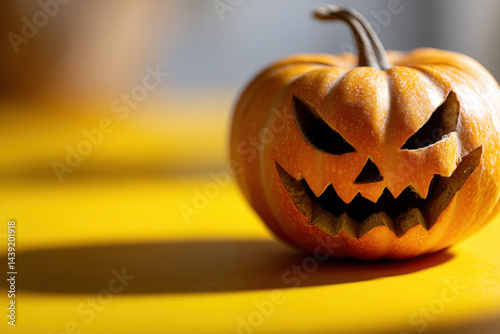 Orange pumpkin casting shadow with sinister face on yellow background