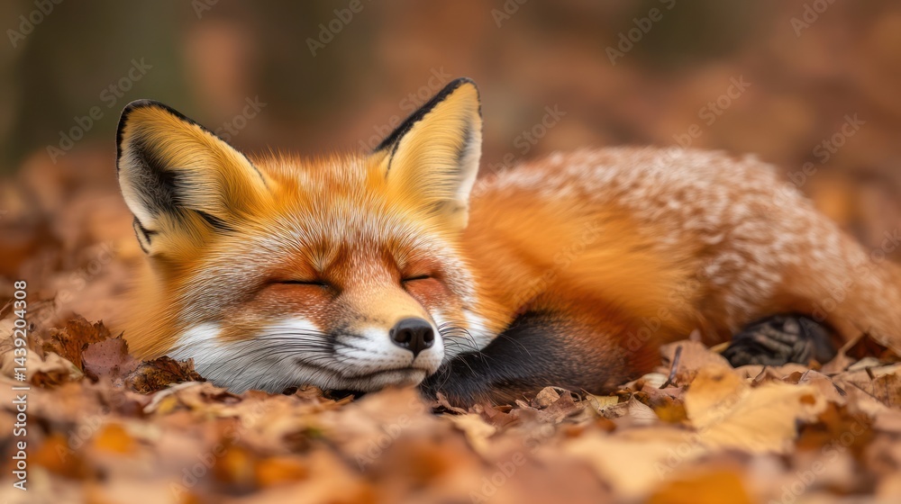 Fototapeta premium Red fox sleeping autumn leaves forest wildlife nature