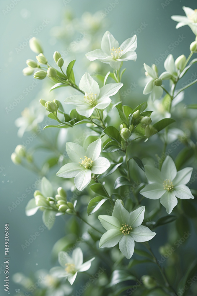 Fototapeta premium White jasmine flower vines blooming with fresh green leaves under soft sunlight against a pastel light green background for serene beauty stock photo floral botanical wallpaper background