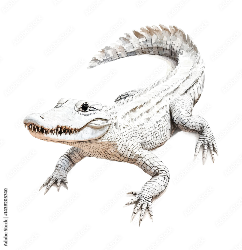 Naklejka premium Albino alligator with detailed scales and curved tail, cut out - stock png.
