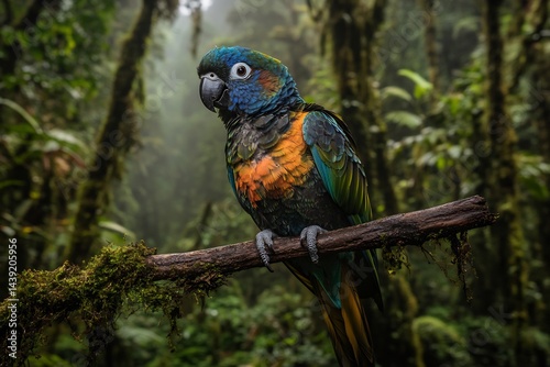 exotic parrot species on branch in tropical forest