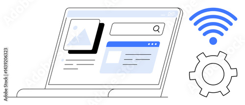 Open laptop displaying website interface with image and content sections, wireless symbol, and gear icon. Ideal for technology, networking, online browsing, website design, digital tools, system