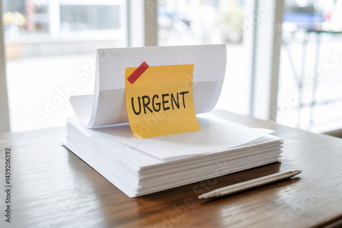 One sheet of paper in a stack, marked with a colored adhesive note photo