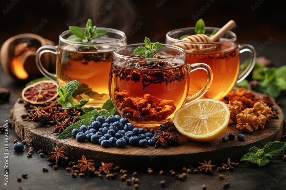 Three cups of herbal tea, honey, blueberries and lemon on wood. Promote healthy food, drinks, and wellness for a website or blog post. Three cups of herbal tea, honey, blueberries and lemon on wood. Promote healthy food, drinks, and wellness for a website or blog post.