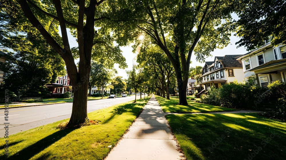Fototapeta premium Sunlight streams through trees lining a residential street.