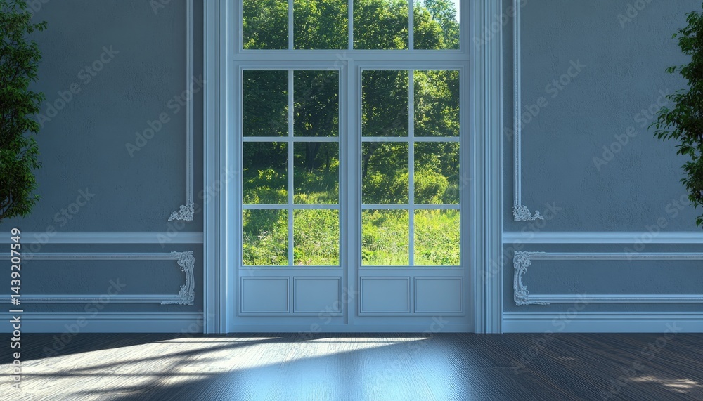 Fototapeta premium Elegant Room French Doors Green View Sunlight